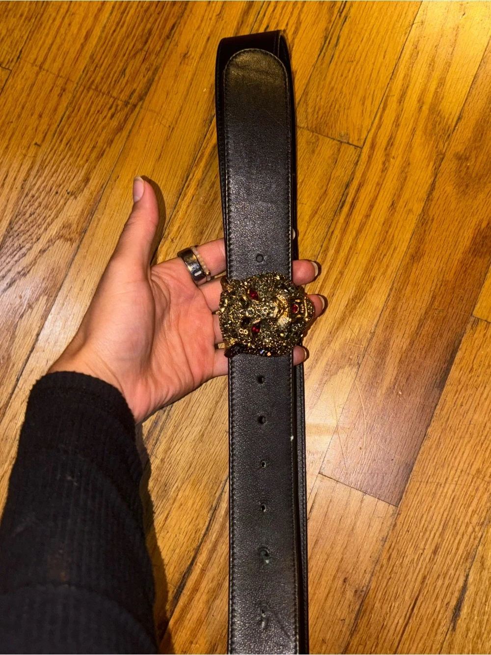Gucci Black Leather Belt with Jeweled Jaguar Buckle